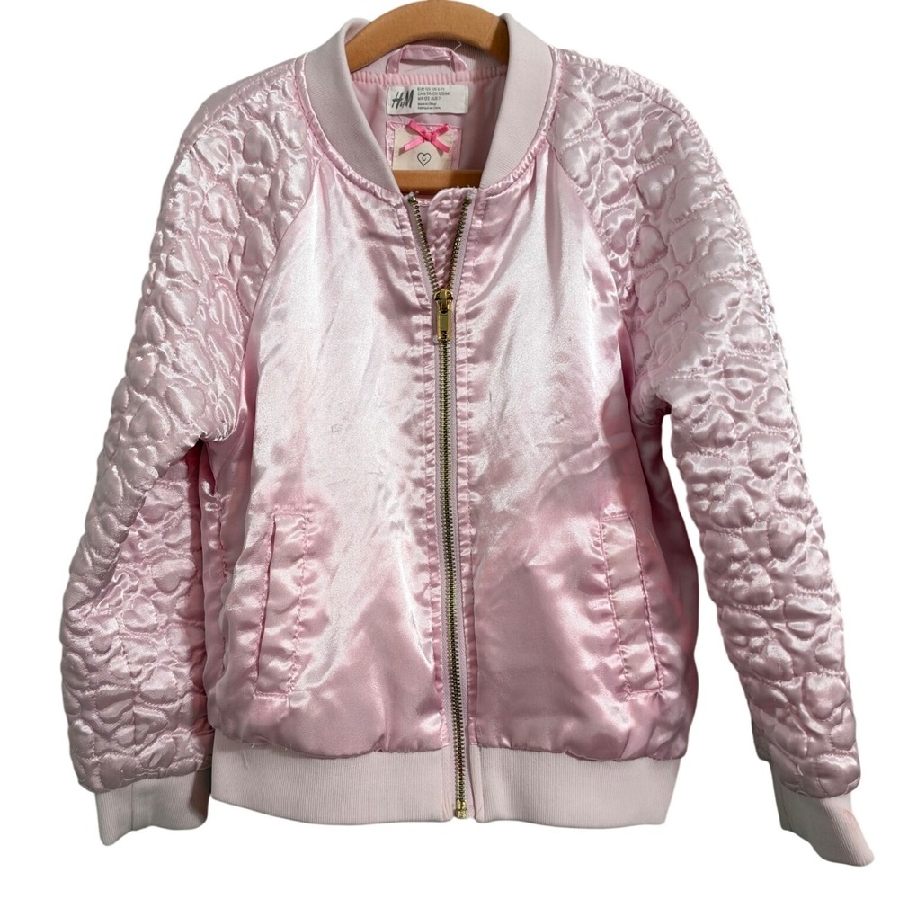 H&M Bomber Jacket Girls 6-7Y Pink Heart Quilted Satin Zip Up Varsity Style